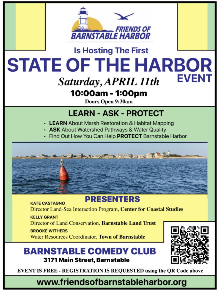 Poster promoting State of the Harbor Event April 11, 2026 10am-1pm @ Barnstable Comedy Club