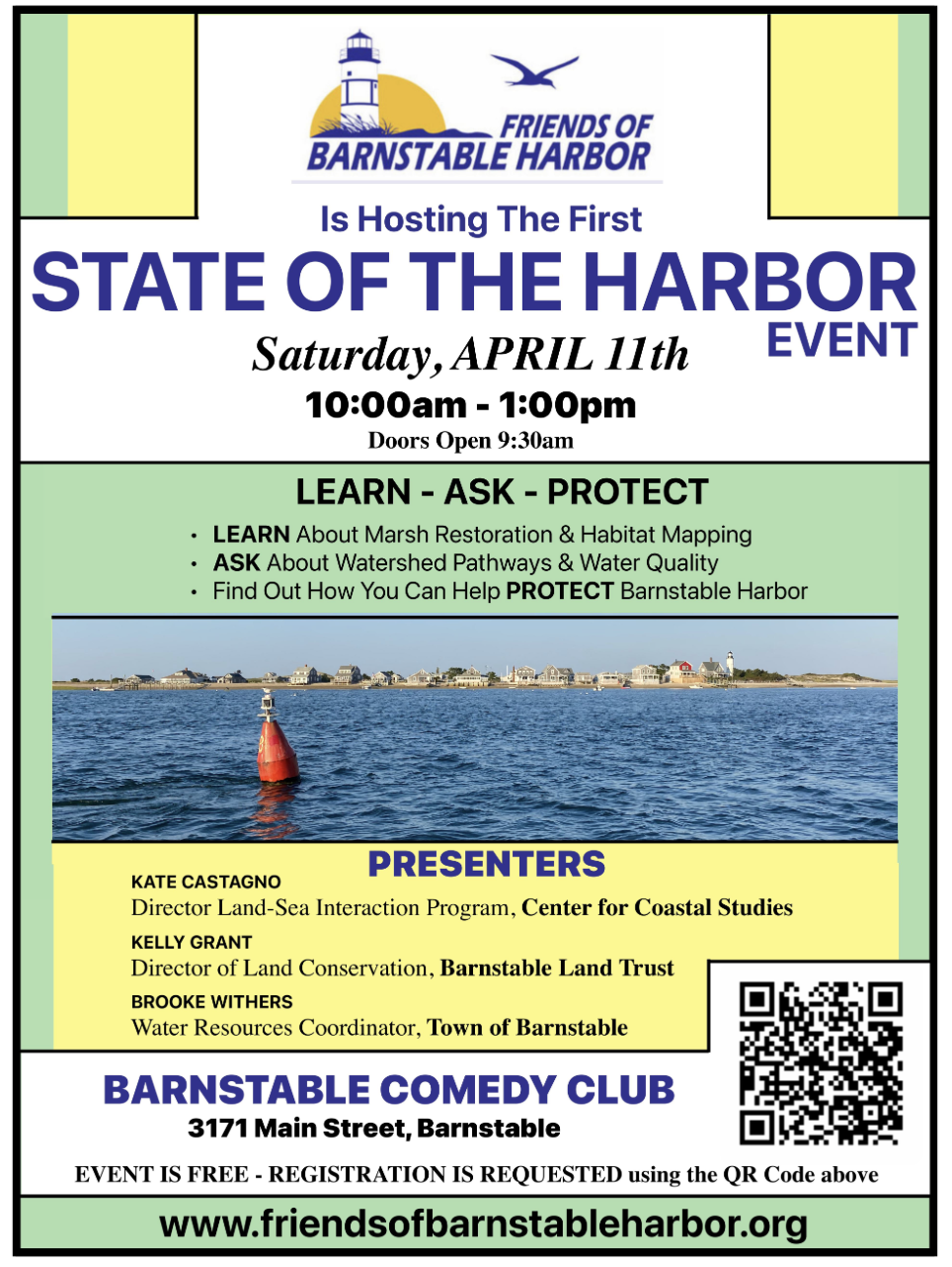 Poster promoting State of the Harbor Event April 11, 2026 10am-1pm @ Barnstable Comedy Club